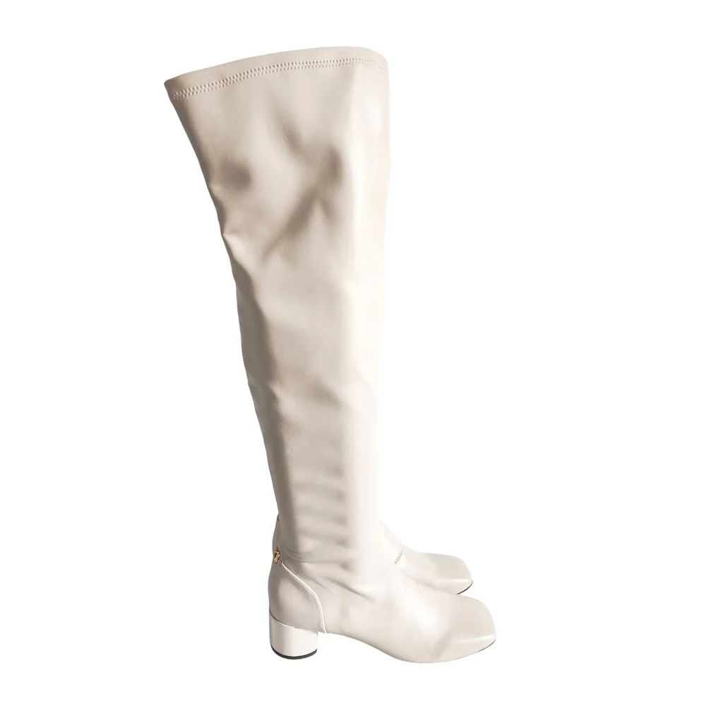 New Franco Sarto Over the Knee Boots 7 Square Toe Cream Block Heel Mod Go-Go